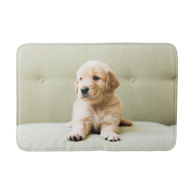 Golden Retriever Welpe auf Couch Badematte (Vorderseite)