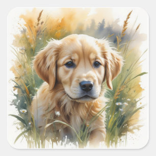 Golden Retriever-Welpe bei Sonnenuntergang Quadratischer Aufkleber