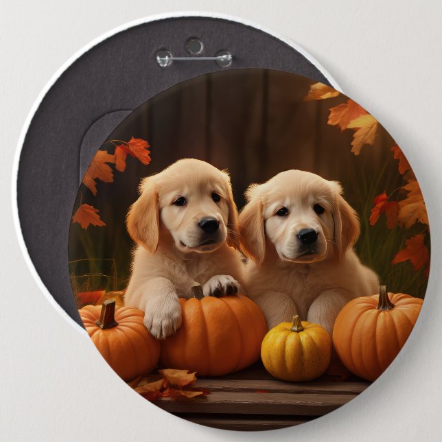 Golden Retriever Welpe Herbst Kürbis Button (Vorne & Hinten)