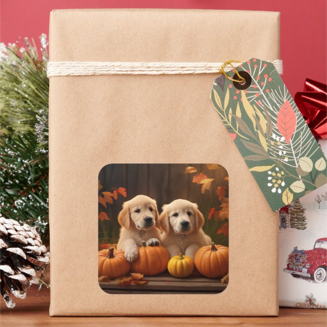 Golden Retriever Welpe Herbst Kürbis Quadratischer Aufkleber (Feiertag)