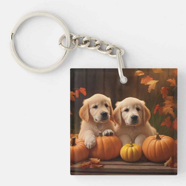 Golden Retriever Welpe Herbst Kürbis Schlüsselanhänger (Vorderseite)