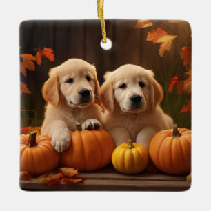 Golden Retriever Welpe Herbstfreude Kürbis Keramikornament