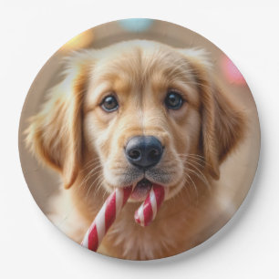 Golden Retriever Welpe mit einem Zuckerstock Pappteller