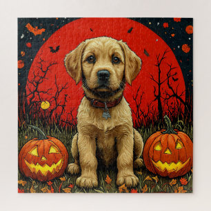 Golden Retriever Welpe mit Halloween-Kürbissen
