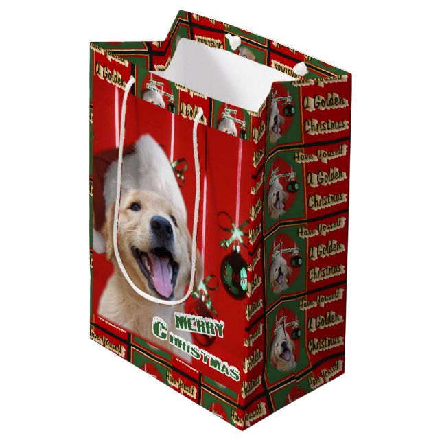Golden Retriever Welpe Weihnachten Mittlere Geschenktüte (Vorderseite Schrägansicht)