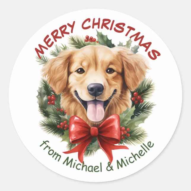 Golden Retriever Welpe Weihnachts Red Bow Kranz Runder Aufkleber (Vorderseite)