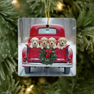 Golden Retriever Welpen im Weihnachts-LKW Keramikornament