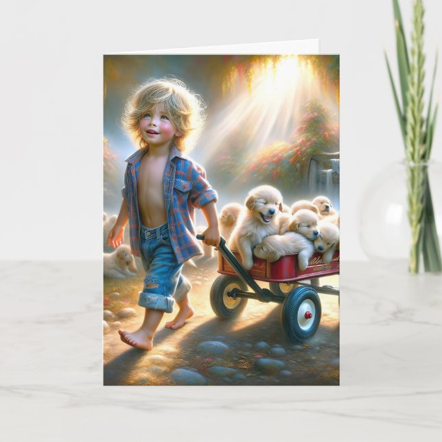 Golden Retriever Welpen in Wagens Karte (Vorderseite)