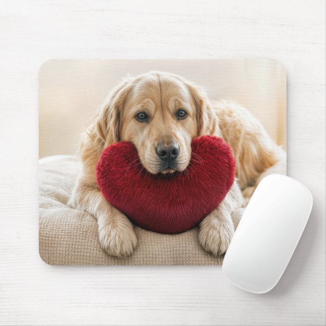 Golden Retriever With a Red Heart Pillow Mousepad (Mit Mouse)
