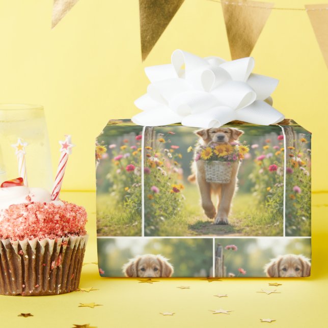 Golden Retriever zu Fuß mit einem Blume-Korb Geschenkpapier (Geburtstagsparty)
