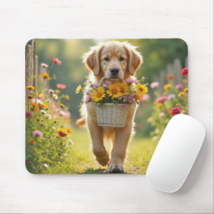 Golden Retriever zu Fuß mit einem Blume-Korb Mousepad