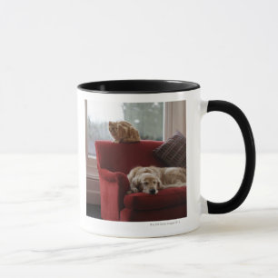 Golden retrieverhund mit Ingwer Tabbykatze Tasse