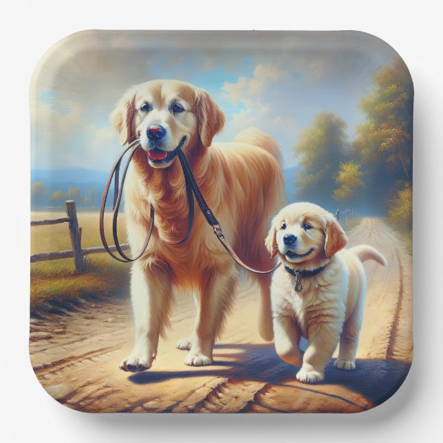 Golden Retrievers für einen Spaziergang Pappteller (Vorderseite)