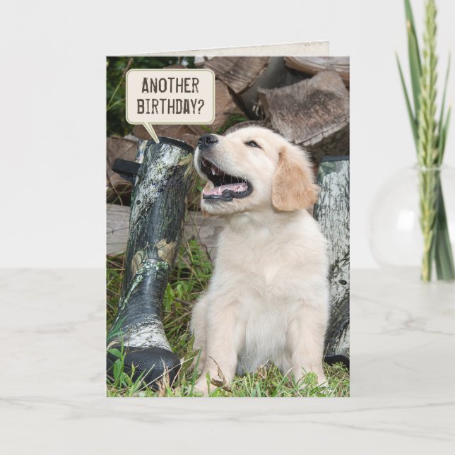 Golden retrieverwelpe mit Stiefelgeburtstag Karte (Vorderseite)