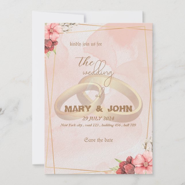 Golden Rings & Floral Elegante - Chic Einladung (Vorderseite)