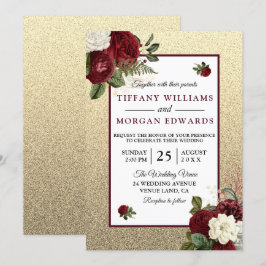 Golden Romantic Burgundy Floral Wedite Einladung