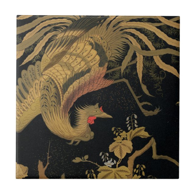 Golden Rooster Bird Japanisch Klassische Antike Fliese (Vorderseite)