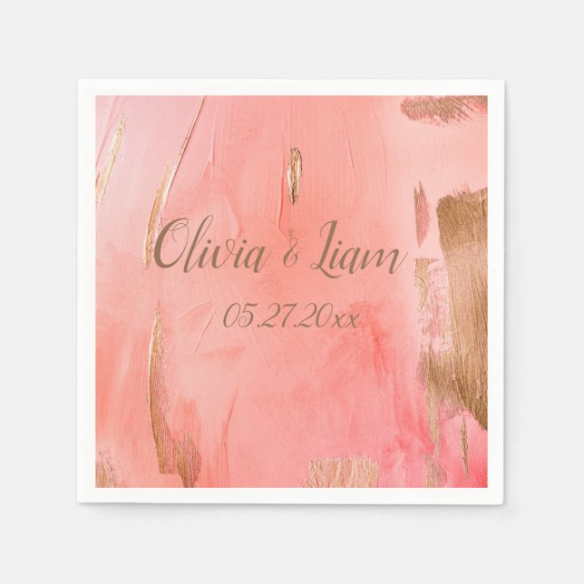 Golden Rosa Pfirsichname Datum Elegante Hochzeit Serviette (Vorderseite)