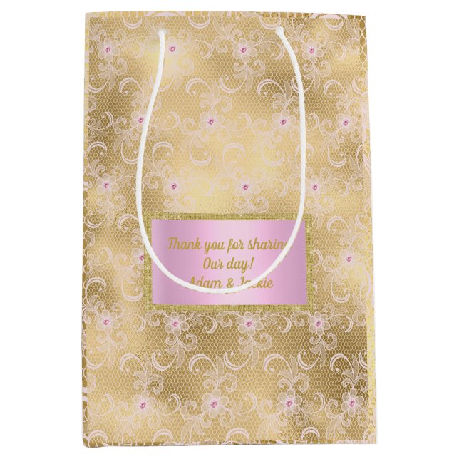 Golden rosa Spitzen elegante Geschenktasche Gefall Mittlere Geschenktüte (Vorderseite)