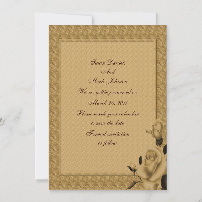 Golden Rosenknospe Blumenhochzeit rettet das Datum Einladung (Vorderseite)