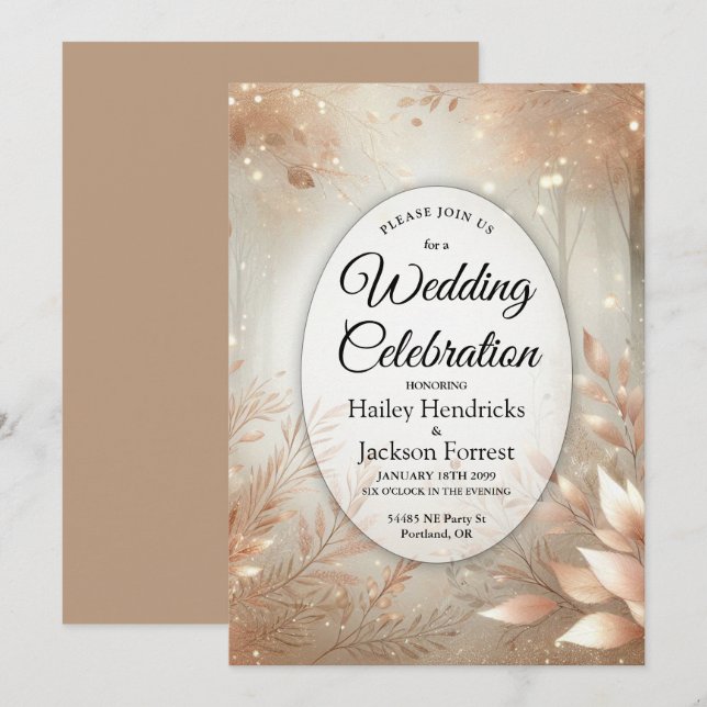 Golden Rosewood Enchanted Forest Wedding Einladung (Vorne/Hinten)