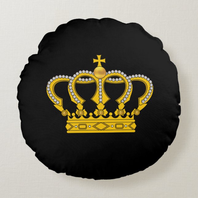 Golden Royal Crown on Black Round Pillow Rundes Kissen (Vorderseite)