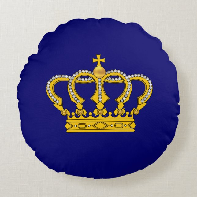 Golden Royal Crown on Royal Blue Round Pillow Rundes Kissen (Vorderseite)
