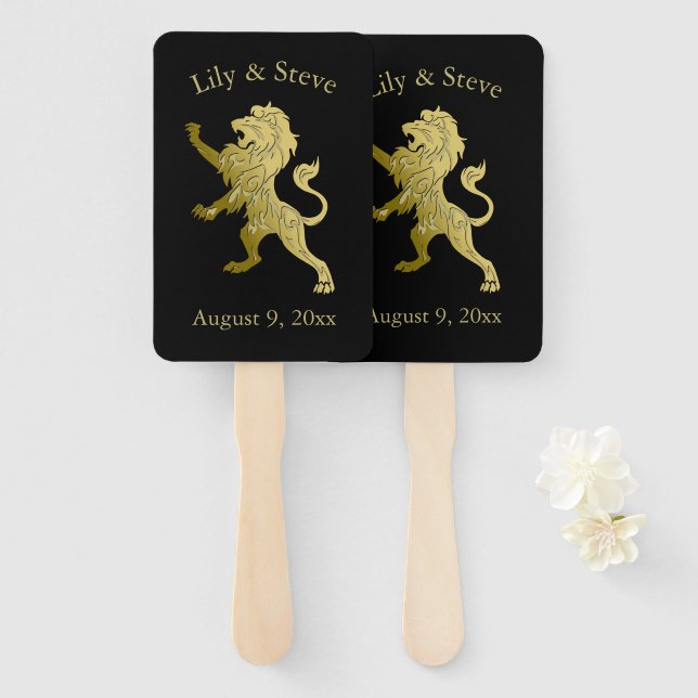 Golden Royal Lion on Black Personal Name Fächer (Vorne und Hinten)