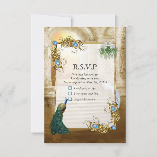 Golden Royal Peacock Tempel RSVP Karte (Vorderseite)