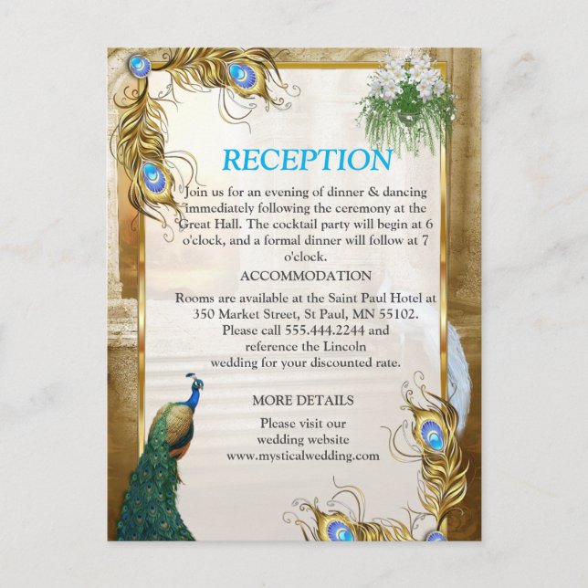 Golden Royal Peacock Tempel Wedding Dreams Ankündigungspostkarte (Vorderseite)