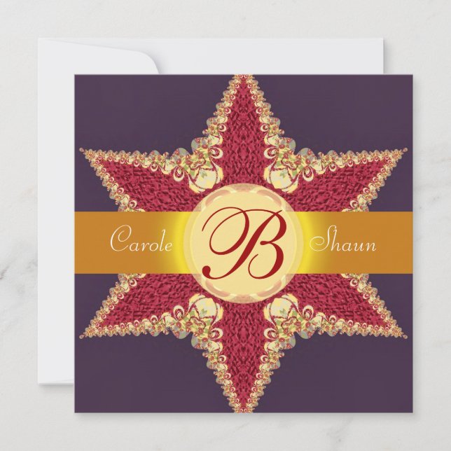 Golden Royal Red Star Monogram Wedding Einladung (Vorderseite)