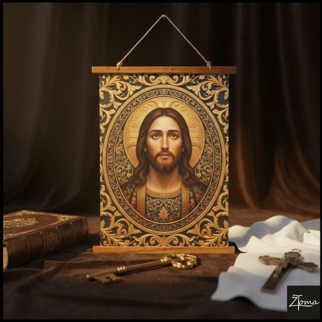 Golden Sacred Icon - Jesus Wandteppich Mit Holzrahmen (Von Creator hochgeladen)
