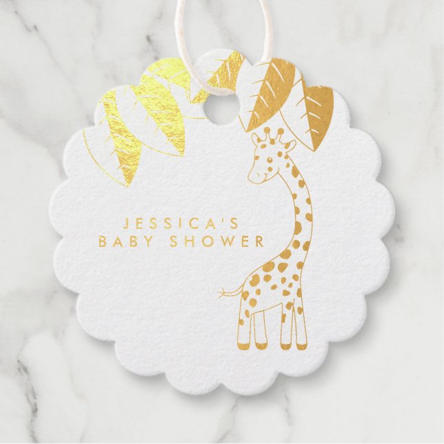 Golden Safari Baby Shower Baby Giraffe Gefallen Ta Geschenkanhänger (Vorderseite)
