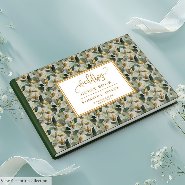 Golden Salbei Eukalyptus Hochzeitstorch Gästebuch (Golden sage green eucalyptus wedding guest book design)