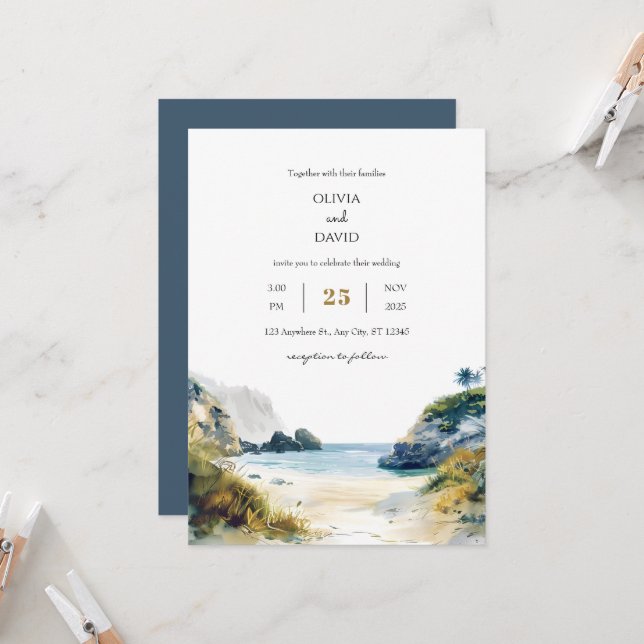 Golden Sand Tropical Palms Beach Cove Art Wedding Einladung (Vorderseite/Rückseite Beispiel)