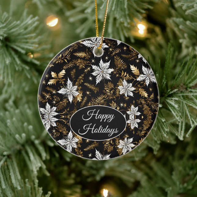Golden, Schwarz und Weiß Poinsettia Happy Holidays Keramik Ornament (Baum)