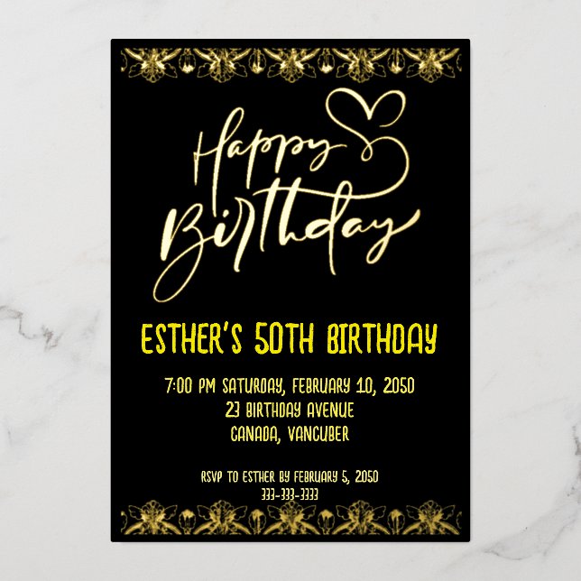 Golden Script Anniversaire Foil Invitation (Recto)
