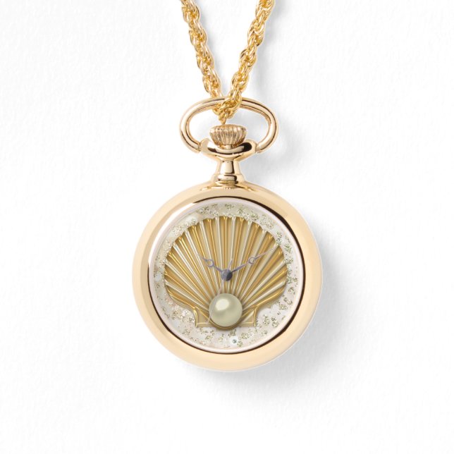 Golden Seashell & Pearl Bokeh Bling Armbanduhr (Vorderseite)