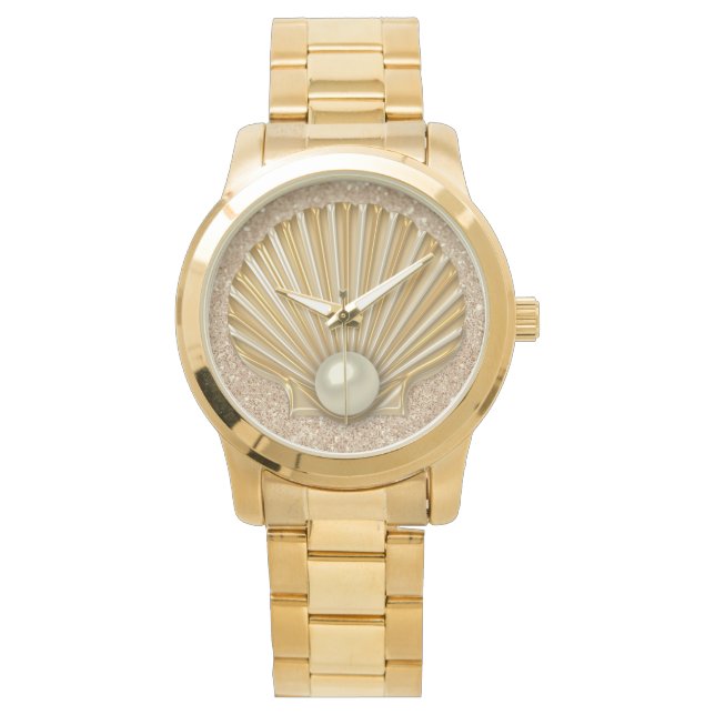 Golden Seashell & Pearl Gold Imitats Glitzer Armbanduhr (Vorderseite)