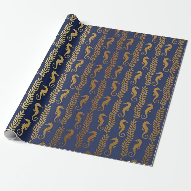 Golden Seepferd Ocean Algae Blaue Wip Yacht Geschenkpapier (Ungerollt)
