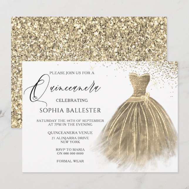 Golden Sepia Gold Glitzer Gourmet Kleid Quinceaner Einladung (Vorne/Hinten)