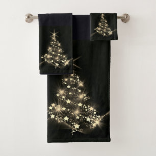Golden Shine of Stars on Christmas Tree Dark Badhandtuch Set
