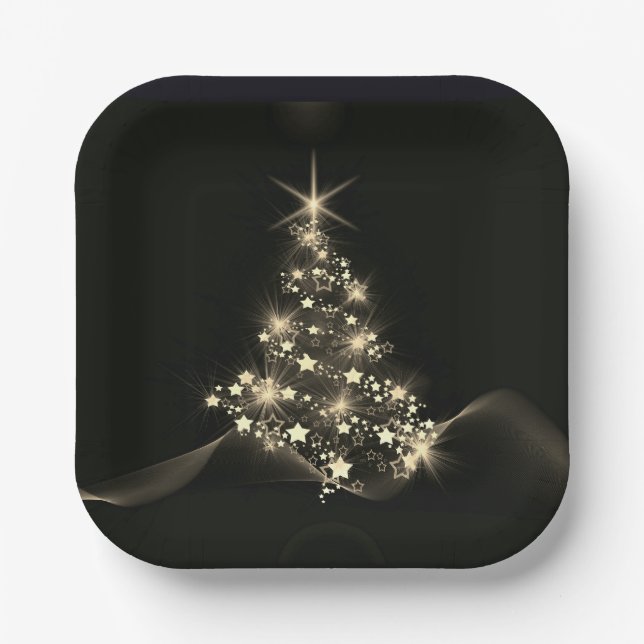 Golden Shine of Stars on Christmas Tree Dark Pappteller (Vorderseite)