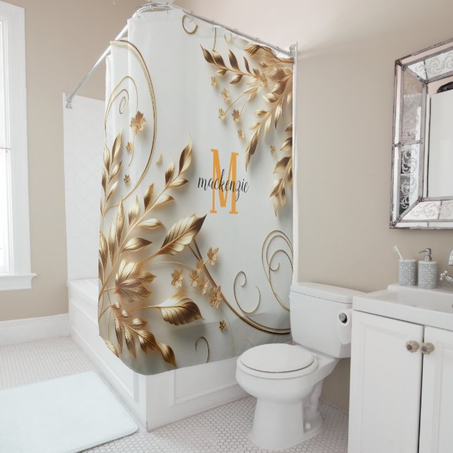 Golden Shiny Orange Monogram Modern Script Wedding Duschvorhang (Beispiel)