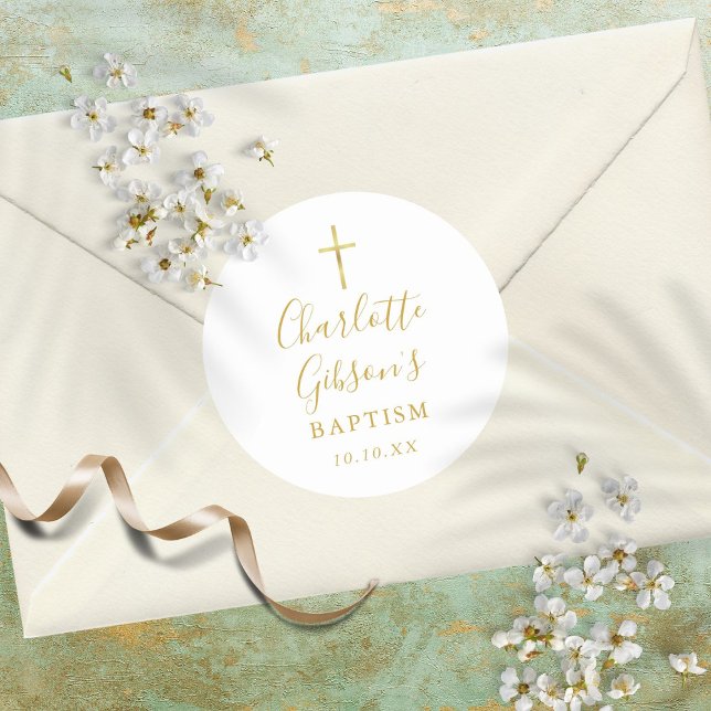 Golden Signature Gold Cross Taufen Christening Runder Aufkleber (Von Creator hochgeladen)