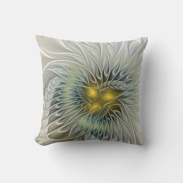 Golden Silver Blume Fantasy abstraktes Fraktal Kun Kissen (Vorderseite)