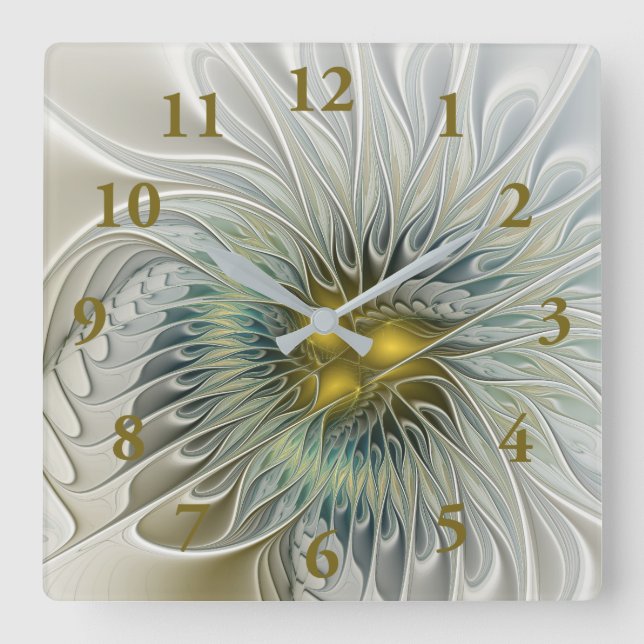 Golden Silver Flower Fantasy abstract Fractal Art Quadratische Wanduhr (Vorderseite)