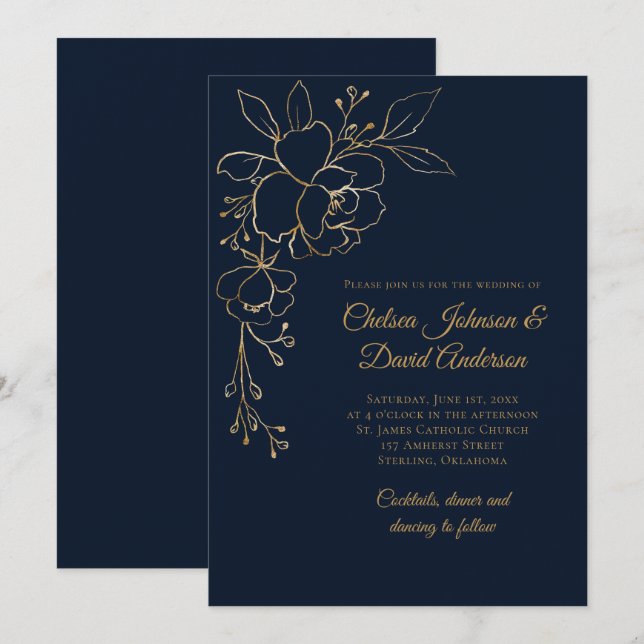 Golden Sketched Rose auf Dark Blue Wedding Einladung (Vorne/Hinten)