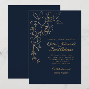 Golden Sketched Rose auf Dunkelblauen Hochzeiten Einladung