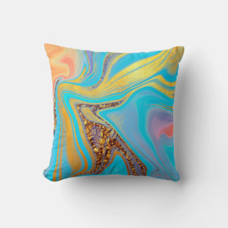 Golden Sky Flow – Blaues und goldenes Fluid Art Mu Kissen